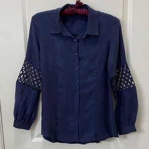 A. Z. I. Elegant Navy Button Down Shirt with Lattice Sleeves